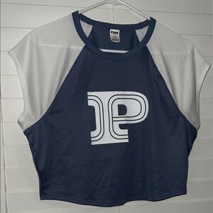 PINK Victoria's Secret Blue and White Women's Jersey Top